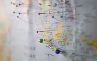 A map with pins marking places to visit