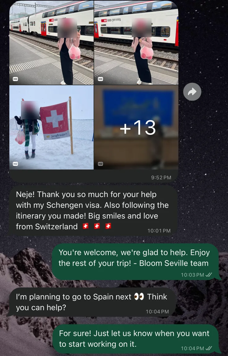 A client's WhatsApp messages from Switzerland, with photos of her trip, thanking us for her Schengen visa and the itinerary, with her face and name covered
