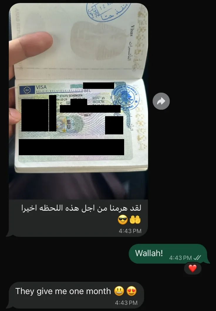 A client's Schengen visa in a passport, sent to us on WhatsApp, with the face, name and numbers covered